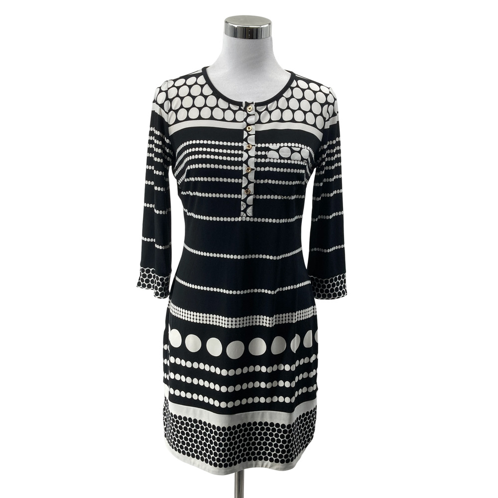 Boston Proper Black White Polka Dot Stripe 3/4 Sleeve Button Front Dress Size 4